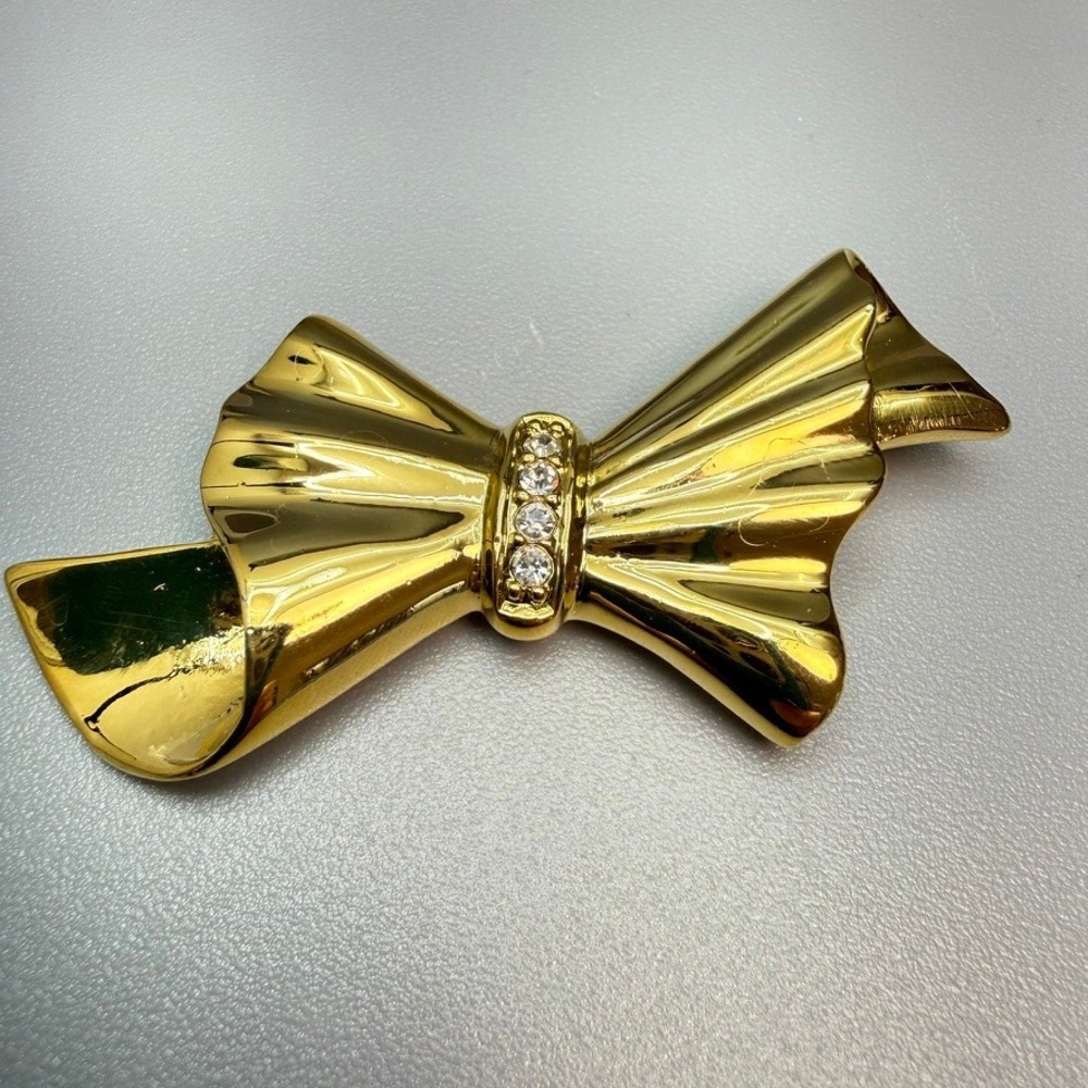 Vintage Gerard Pasquier Gold Plated Rhinestone Bow Brooch French 80s Signed